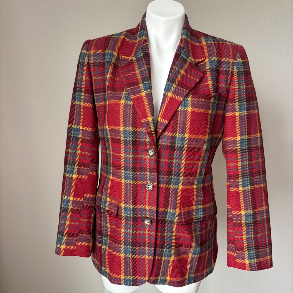 Vintage Gap Women's Size Small Red Blue Plaid Wool Blend Blazer 90s Preppy